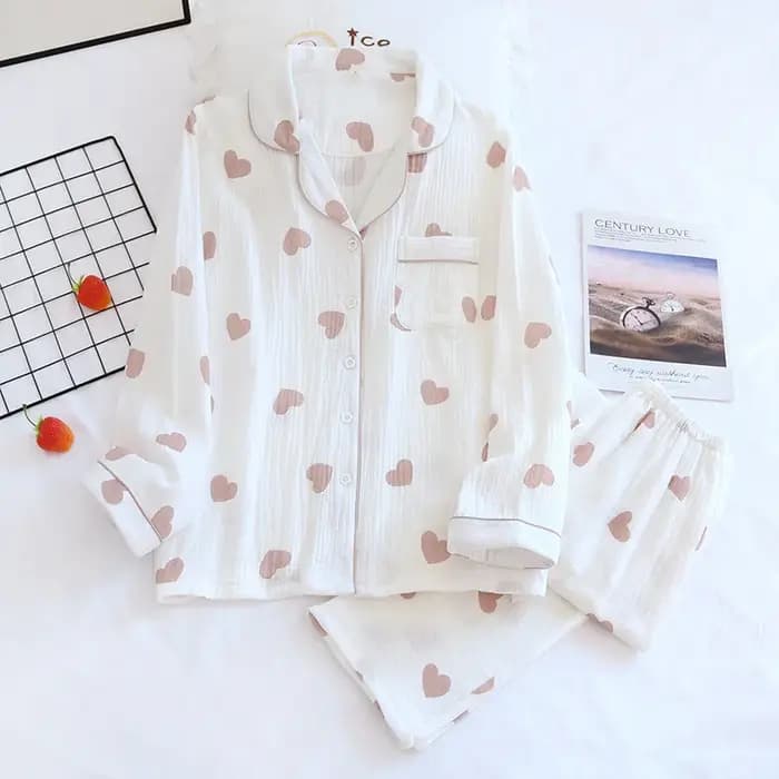 Femmes Pyjamas 2 pièces ensemble 100% coton gaze à manches longues pantalon mignon ours imprimé