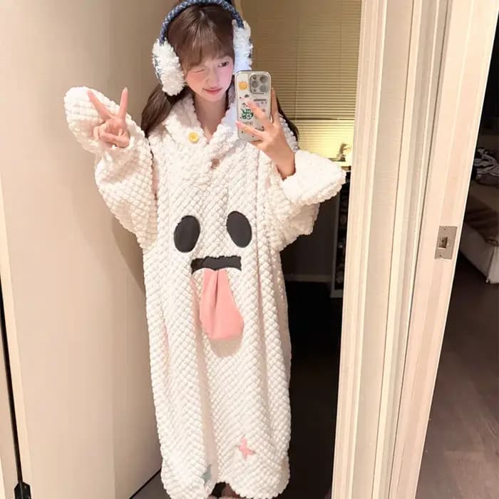 Pyjama d'hiver pour femme, doublé polaire, motif visage amusant et original, imprimé ananas, robe de nuit chaude à capuche, vêtements d'intérieur