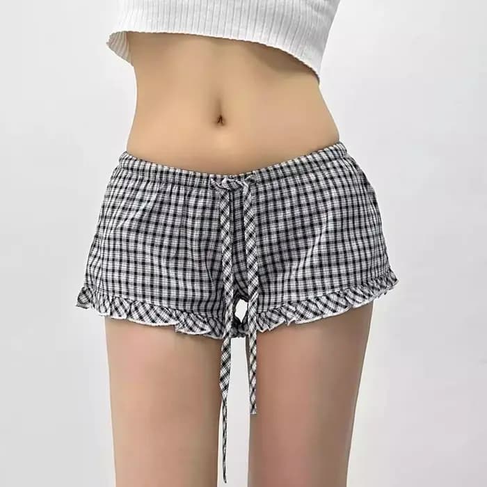 Short de pyjama à carreaux pour femme avec cordon de serrage réglable et volants