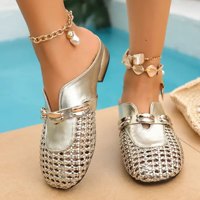 Baotou pantoufles automne nouveau bout rond bouche profonde boucle en métal semelle souple antidérapant bloc talon chaussures