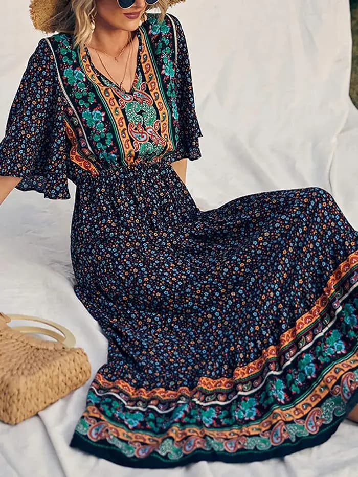 Robe longue décontractée à manches courtes et col en V pour femmes