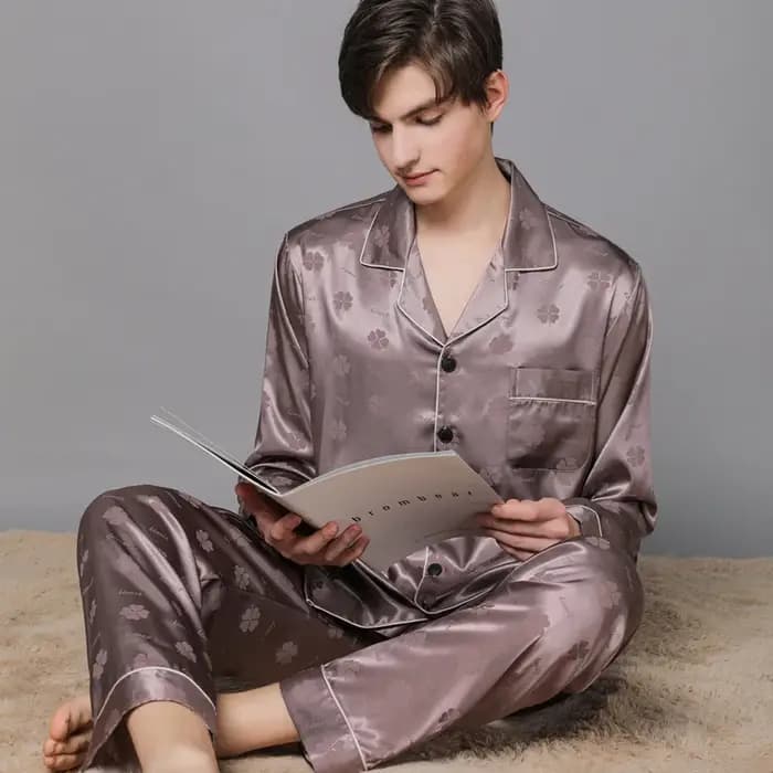 Grande taille 3XL 4XL hommes vêtements de nuit Pyjamas ensemble soyeux Satin Jacquard 2 pièces chemise et pantalon Pijamas costume printemps automne Homewear Pyjama