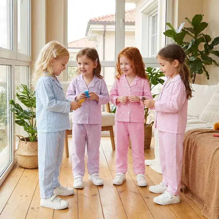 Ensembles de pyjama pour enfants, filles et garçons, chemises rayées à manches longues boutonnées, hauts et pantalons, vêtements de nuit 2 pièces, tenues de détente