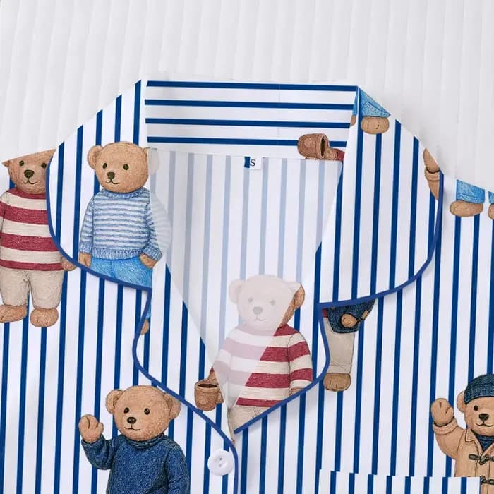 Pyjama femme avec ours à pois rayures imprimé bleu revers manches courtes pantalon court