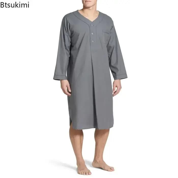 Nouveaux hommes Robe de nuit ample col en v à manches longues chemise