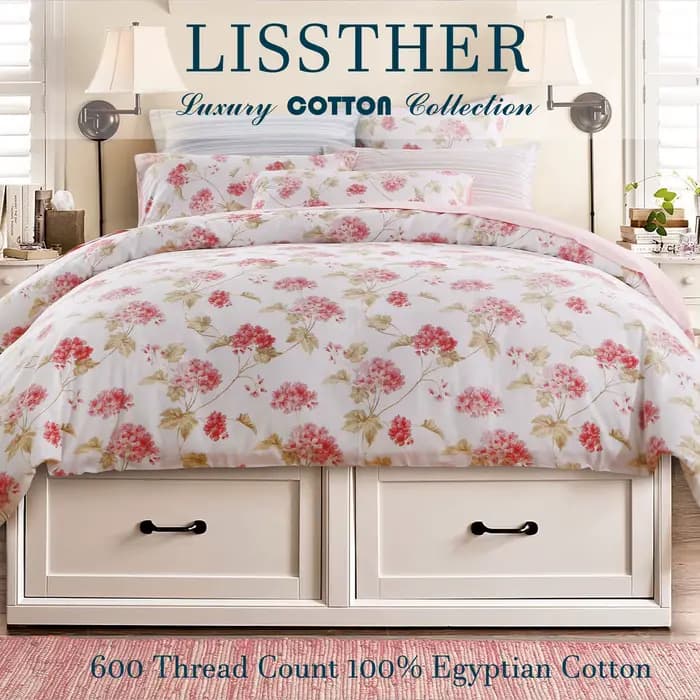 Ensemble de housse de couette 100% coton égyptien 600TC, 3 pièces, Floral de printemps rose Shabby C