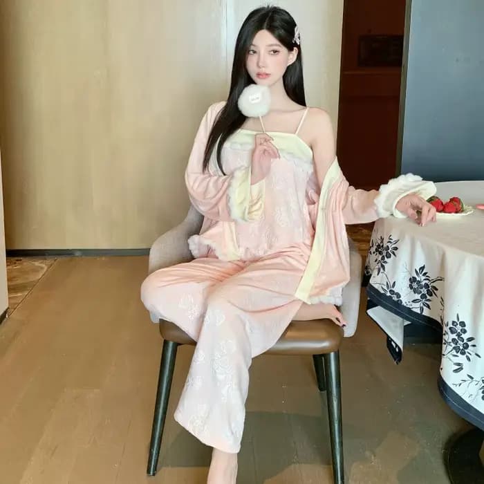 Pyjama 3 pièces en Jacquard Rose pour femmes