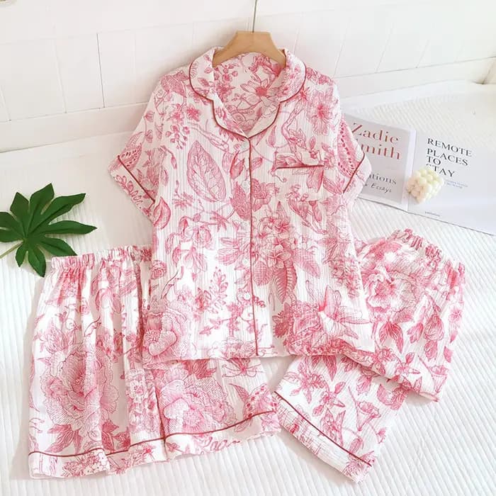 Été femmes pyjamas 3 pièces ensemble 100% gaze coton vêtements de nuit féminins chambre