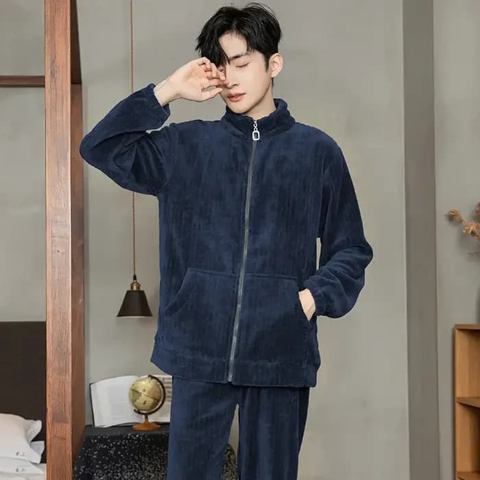 Peut porter des pyjamas hommes automne hiver flanelle épais col montant fermeture éclair corail velours
