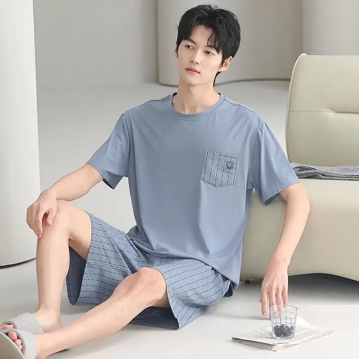 Ensemble pyjama d'été à manches courtes pour hommes, pyjama en coton tricoté, vêtements de nuit à ca