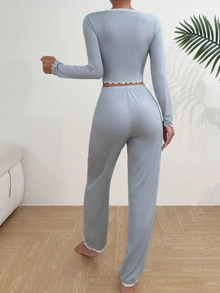 Automne hiver pyjamas ensemble pour femmes Homewear manches longues chemise pantalon 2 pièces Sexy dentelle Pijamas