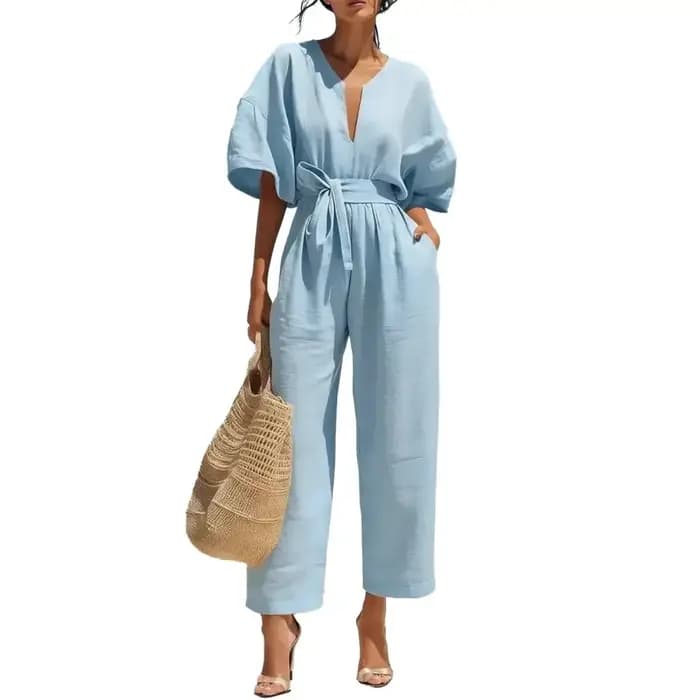Combinaison confortable en coton et lin pour femme, avec poches, manches courtes cloche, col en V, j