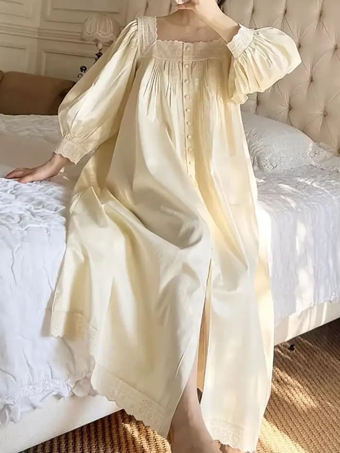 Femmes robe de nuit printemps automne pur coton à manches longues Peignoir romantique Vintage chemises