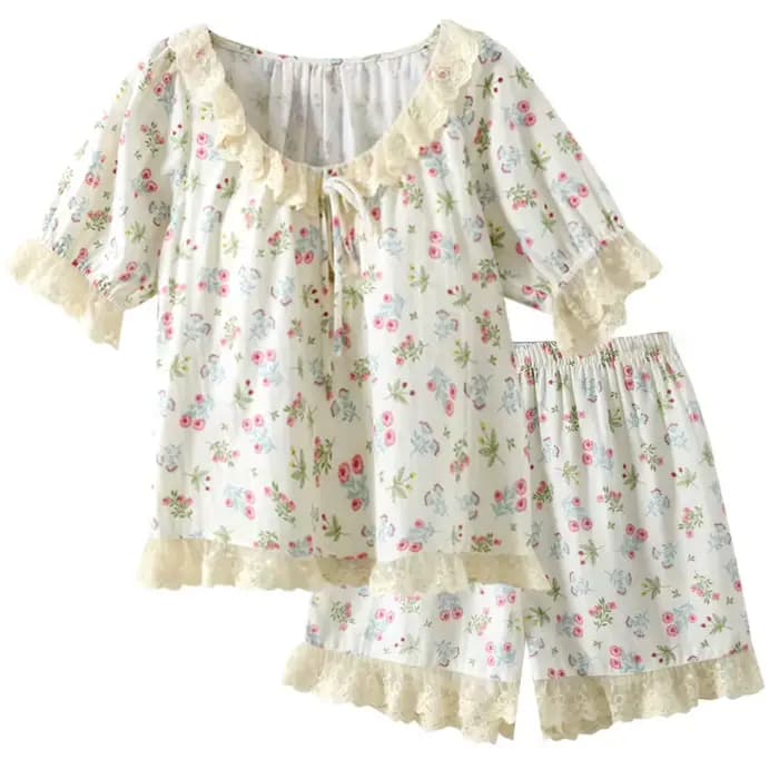 Pyjama en dentelle à manches courtes et col en v pour femmes