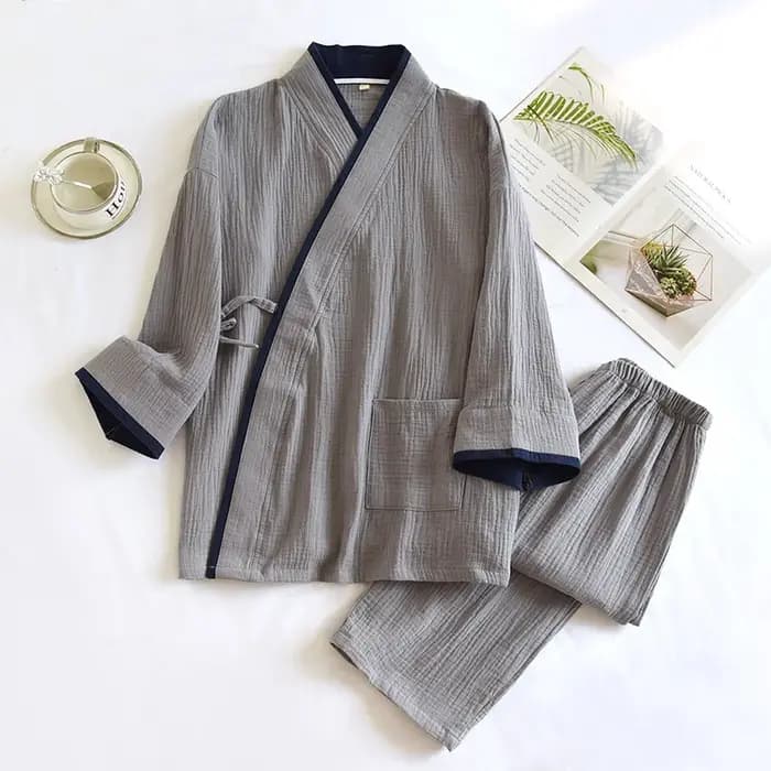 Kimono pour hommes, Style fin, gaze de coton pur, couleur unie, pyjama assorti, pantalon à manches l