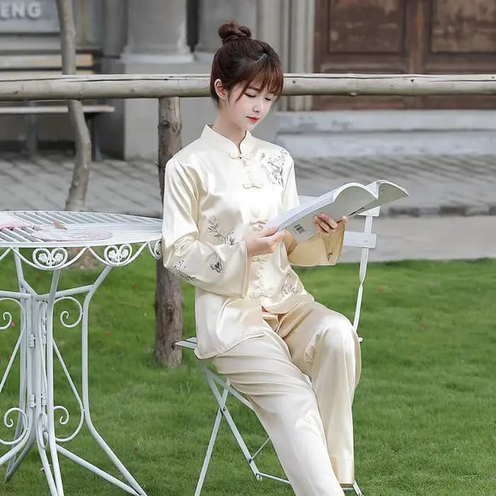 Pritning fleur chinois pyjamas ensemble de sommeil chemise pantalon col montant vêtements de nuit 2 pièces broderie