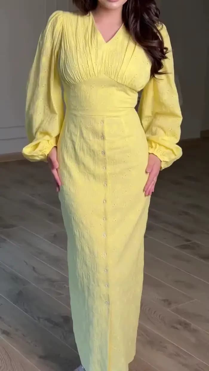 Robe longue pour femme, col en V, coupe trapèze, manches lanternes, taille ajustée, à lacets, élégante, style Y2K, streetwear, pour le travail, boutonnée, pour les vacances