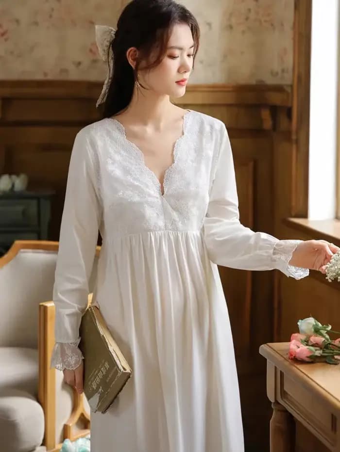 Femmes coton volants dentelle col en v Vintage chemises de nuit Robe nuisette à manches longues