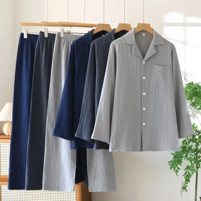 Pyjama fin à manches longues pour hommes, grande taille, vêtements de détente en gaze de coton pur, costume à revers, couleur unie, vêtements de nuit amples, printemps et automne