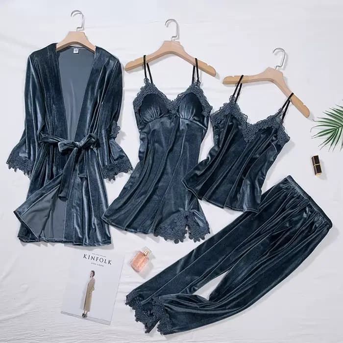 Ensemble pyjama quatre pièces en velours pour femme