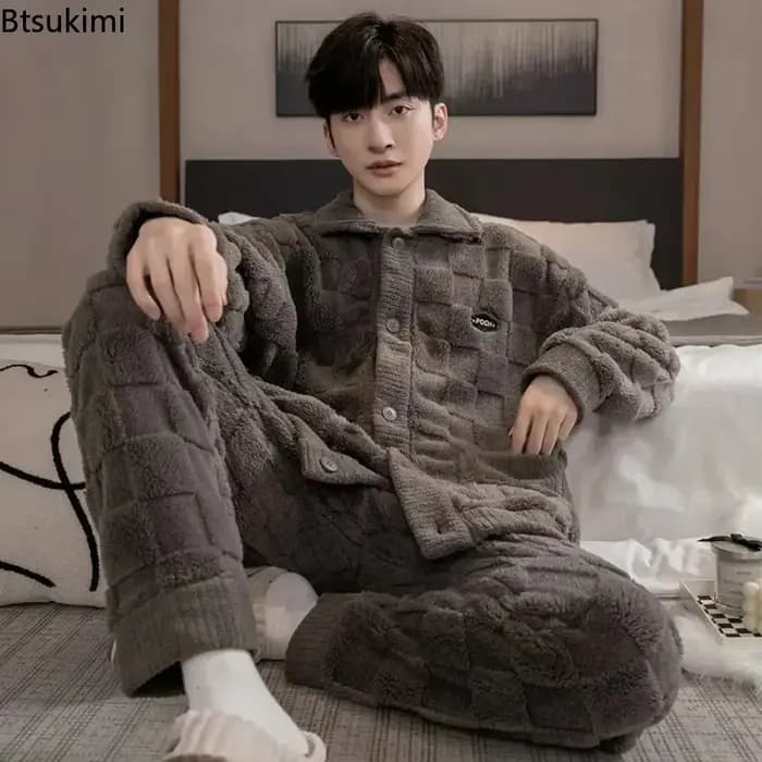 Ensemble de pyjama homme 2026 – Nouveauté mode en flanelle épaisse à manches longues, deux pièces pour la maison, tenue de détente chaude en velours corail