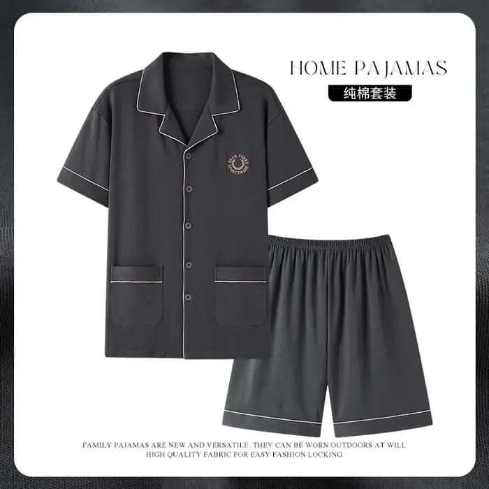 Pyjama gris à revers pour hommes, cardigan, vêtements de maison pour gentleman, short d'été, vêtements de salon en coton, grande taille, 3XL, 4XL, vêtements de nuit