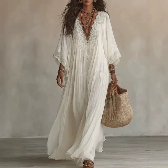 Robe longue vintage en dentelle unie pour femme, col en V profond, manches évasées larges, plis, rob
