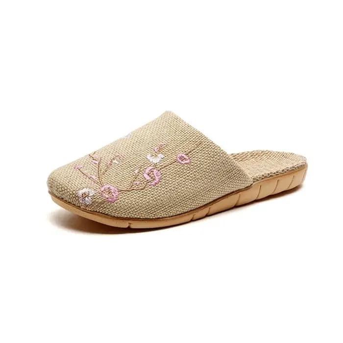 Pantoufles d'intérieur en bambou brodées de fleurs, antidérapantes, en lin, motif fleur de prunier,