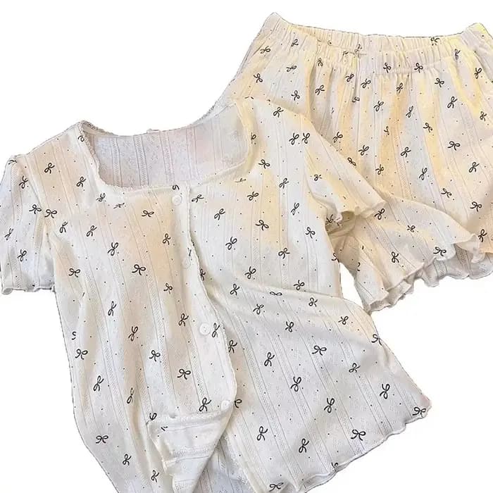 Pyjama Sweet Girl à manches courtes et short avec coussinets de poitrine et nœud, nouveau ensemble de vêtements d'intérieur d'été, vêtements fins et respirants pour femmes