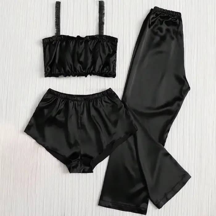 Ensemble pyjama en Satin plissé de couleur noire