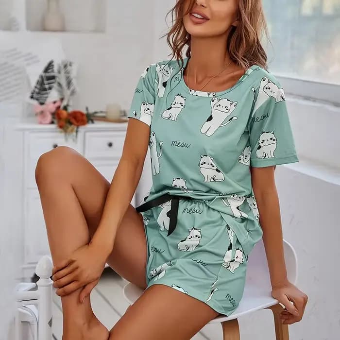 Ensemble pyjama imprimé chat dessin animé pour femme