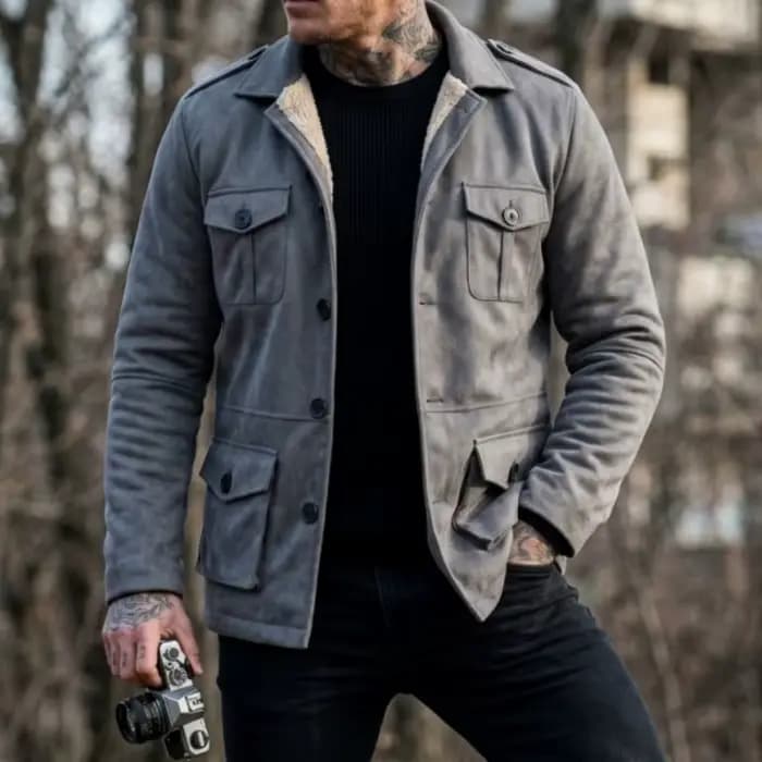 Veste de travail d'hiver pour hommes, en faux daim, poches multi-usages, veste de randonnée décontractée pour l'extérieur, veste en fausse laine pour hommes, hiver