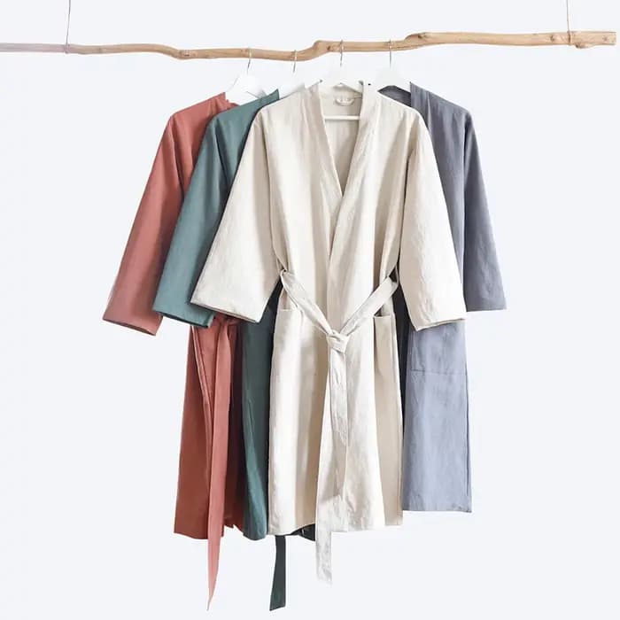 Peignoir Kimono en Coton et Lin 2026 Nouveauté Ample Unisexe Robe de Chambre Vêtement de Nuit Uni