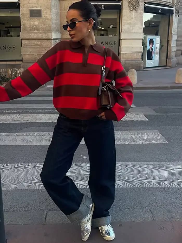 Tricoté côtelé col Polo pull femmes décontracté revers à manches longues coupe ample automne hiver tout-match hauts Chic dame vêtements d'extérieur
