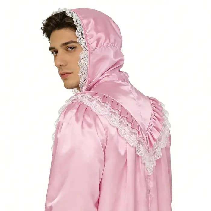 Pyjama vintage pour homme, style victorien, chemise de nuit avec chapeau, dentelle à volants, manches longues, fermeture éclair sur le devant, robe de nuit satinée