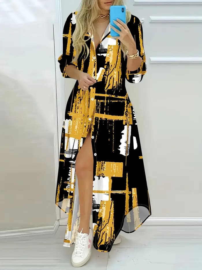 Robe midi décontractée à manches longues pour femme, imprimé géométrique abstrait noir, or, blanc, r