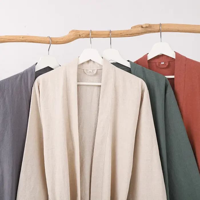 Peignoir Kimono en Coton et Lin 2026 Nouveauté Ample Unisexe Robe de Chambre Vêtement de Nuit Uni