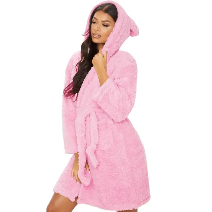 Hiver chaud Robes décontractées femme oreille à capuche peignoir en peluche Robe col en V à manches longues châle Kimono chaud Robes de bain manteau