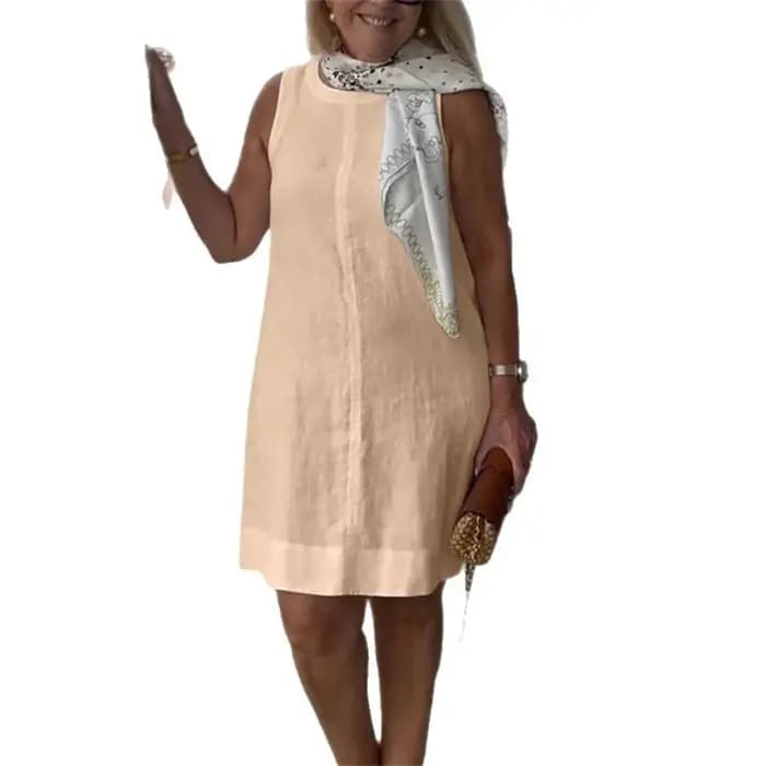 Femmes confortable coton lin couleur unie robes élégant col rond robe été décontracté banlieue taille haute sans manches