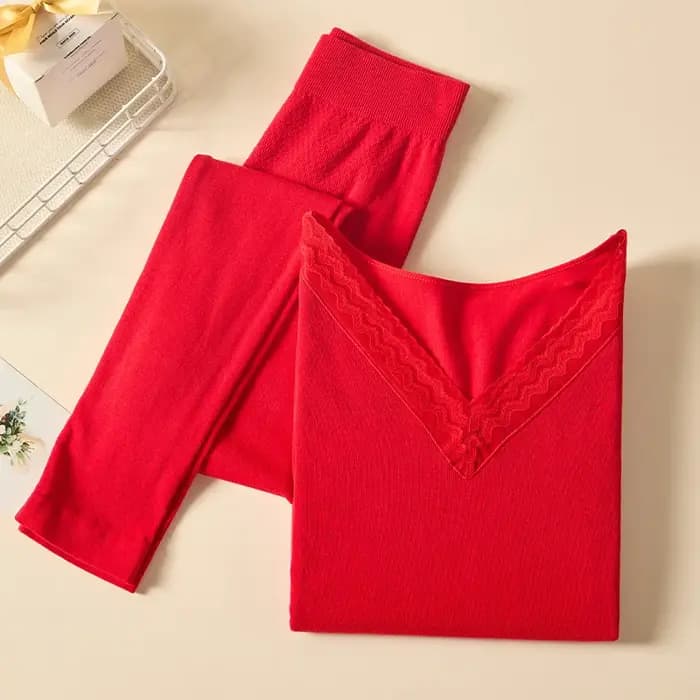 Ensemble de sous-vêtements thermiques Sexy dentelle femme vêtements d'hiver laine coton col en v sans couture mince