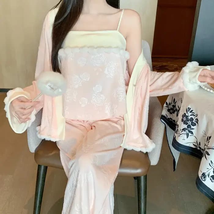 Pyjama 3 pièces en Jacquard Rose pour femmes