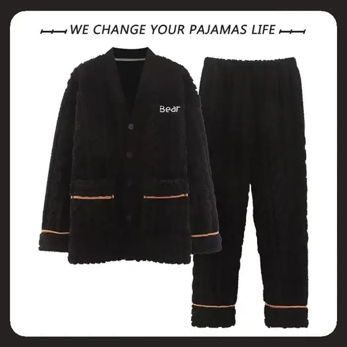 Nouveau automne hiver épais pyjamas ensemble pour hommes coréen Teddy Jacquard col en v bouton vêtements de nuit pour homme Kimono velours pyjama ensembles mâle