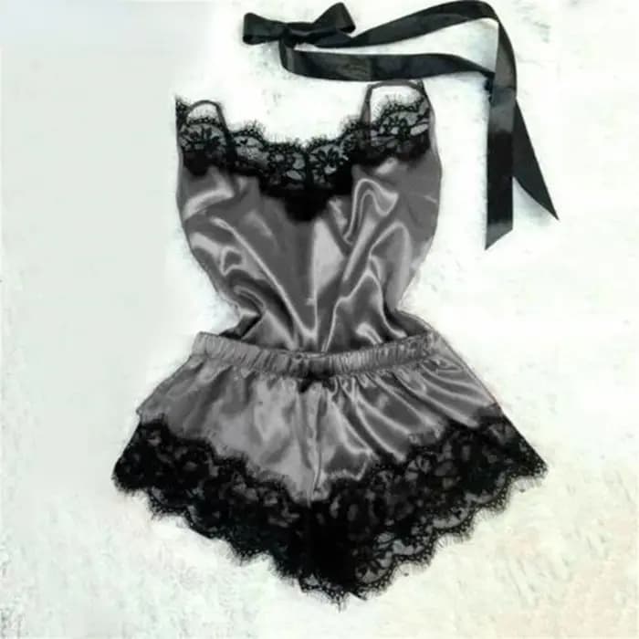 Mode femmes pyjama costume col en v Stretch Satin nuisette dentelle Sexy Lingerie nœud papillon pyjamas sommeil Shorts ensemble vêtements de nuit