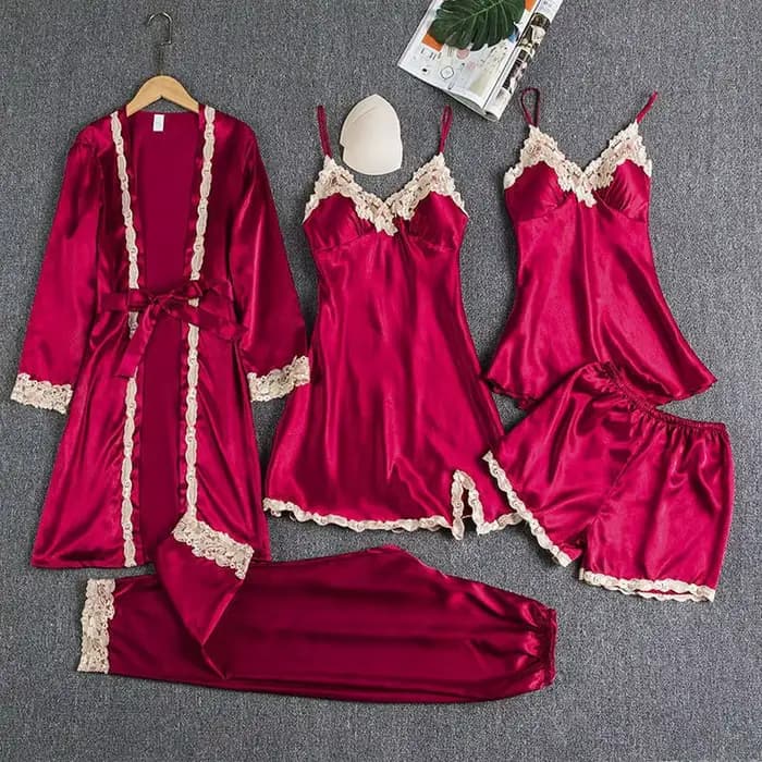 Nouvel Ensemble de Pyjama de Luxe en Satin 5 Pièces pour Femme 2025 – Vêtements de Nuit Soyeux avec Robe