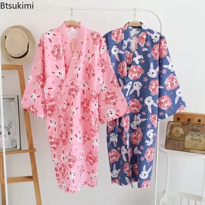 Style japonais Kimono pyjama Robes femmes été mince coton gaze col en v Simple chemise de nuit ample dames salon à lacets peignoir