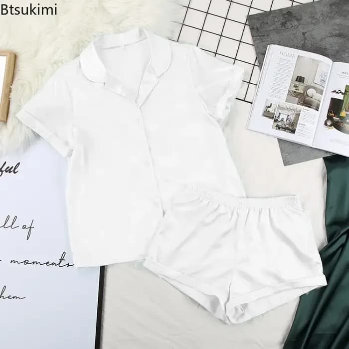 Pyjama en satin de couleur unie avec short, ensemble de vêtements de nuit en soie pour femmes, pyjama décontracté à manches courtes, ensembles de pyjama pour femmes, vêtements de maison d'été