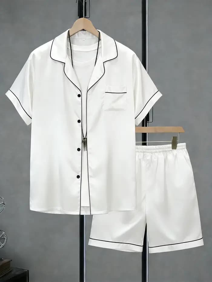 Ensemble pyjama d'été en satin pour homme – Haut boutonné à manches courtes et short – Vêtements de