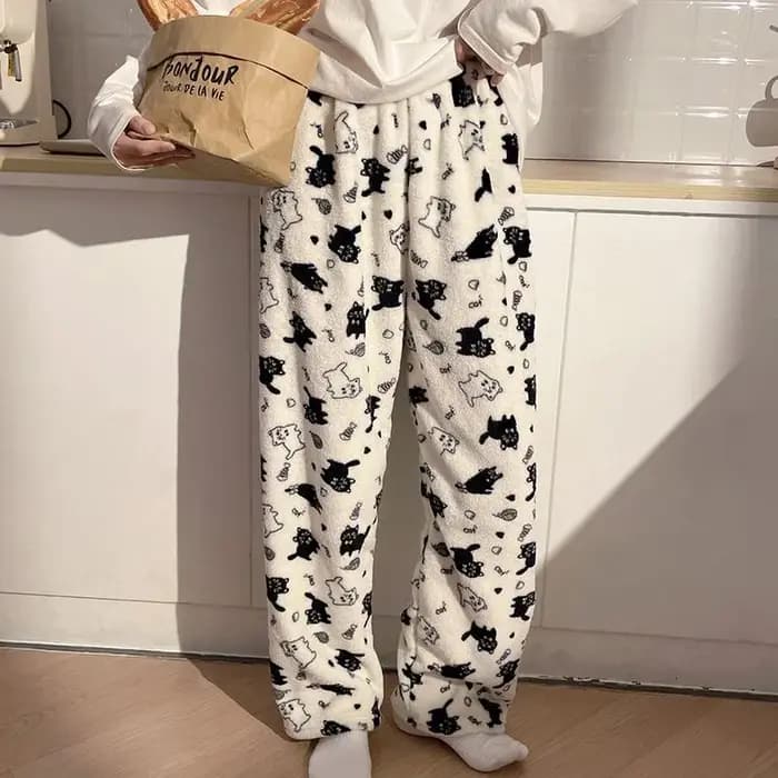 Chat noir dessin animé pyjamas pantalon Kawaii noël PJS coréen femmes hiver chaud moelleux flanelle vêtements de nuit