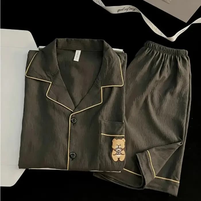 Pyjama Homme Brodé Ours Cartoon Mignon Grande Taille Deux Pièces Style Coréen Kawaii Nouveauté Été Confortable Vêtements de Nuit