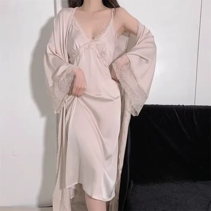 Élégant femme nuisette & Robe ensemble longue peignoir chemise de nuit Sexy dentelle garniture
